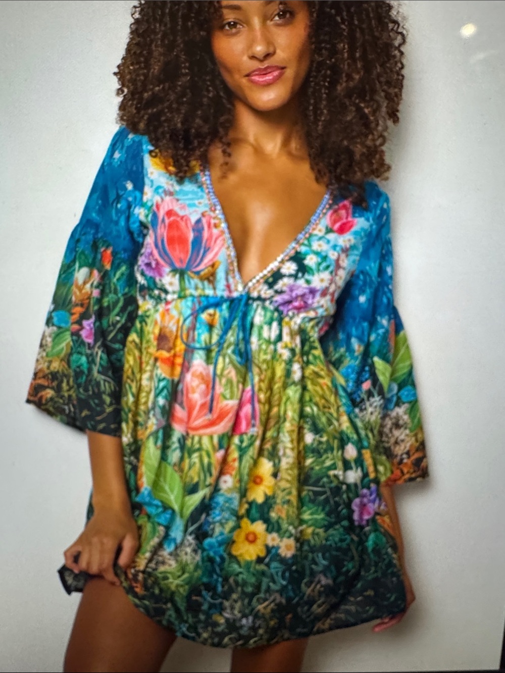NATURAL LIFE Blue Multi Floral V-Neck Mini Dress - Picture 3 of 4